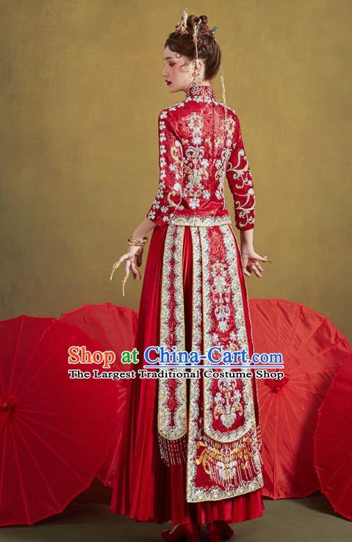 Chinese Traditional Embroidered Drilling Red Blouse and Dress Wedding Bottom Drawer Xiu He Suit Ancient Bride Costumes for Women