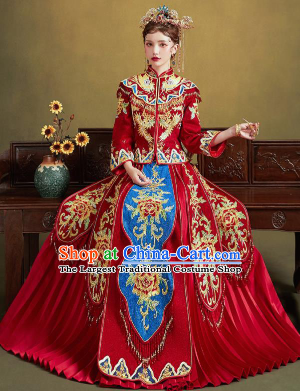 Chinese Traditional Embroidered Peony Blouse and Dress Wedding Bottom Drawer Xiu He Suit Ancient Bride Costumes for Women