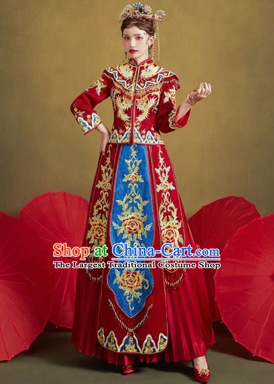 Chinese Traditional Embroidered Peony Blouse and Dress Wedding Bottom Drawer Xiu He Suit Ancient Bride Costumes for Women