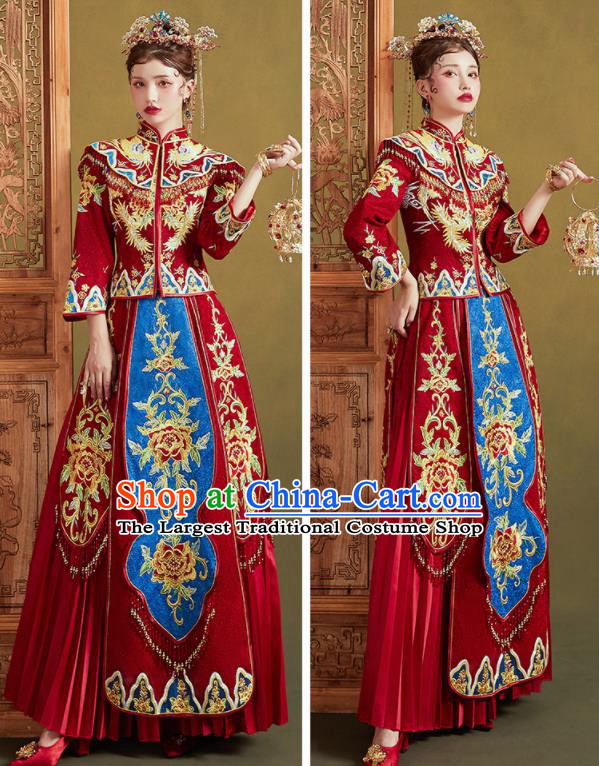 Chinese Traditional Embroidered Peony Blouse and Dress Wedding Bottom Drawer Xiu He Suit Ancient Bride Costumes for Women