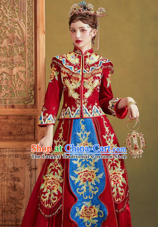 Chinese Traditional Embroidered Peony Blouse and Dress Wedding Bottom Drawer Xiu He Suit Ancient Bride Costumes for Women