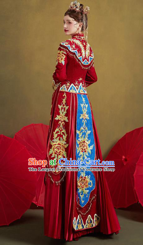 Chinese Traditional Embroidered Peony Blouse and Dress Wedding Bottom Drawer Xiu He Suit Ancient Bride Costumes for Women