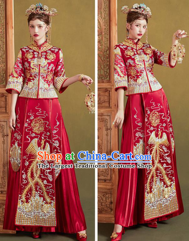 Chinese Traditional Embroidered Phoenix Red Blouse and Dress Wedding Bottom Drawer Xiu He Suit Ancient Bride Costumes for Women