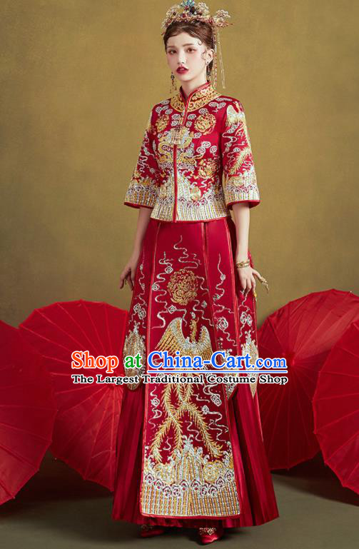 Chinese Traditional Embroidered Phoenix Red Blouse and Dress Wedding Bottom Drawer Xiu He Suit Ancient Bride Costumes for Women