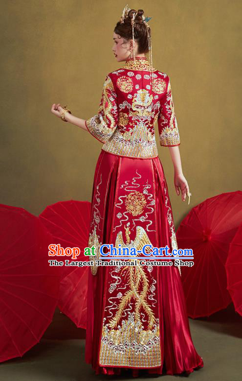 Chinese Traditional Embroidered Phoenix Red Blouse and Dress Wedding Bottom Drawer Xiu He Suit Ancient Bride Costumes for Women