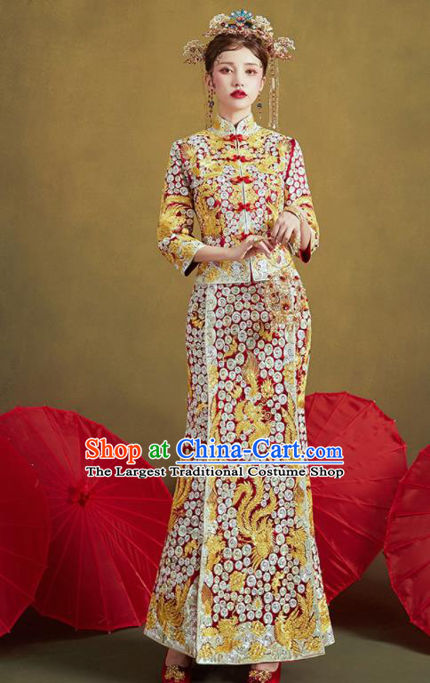 Chinese Traditional Embroidered Phoenix Blouse and Slim Dress Wedding Bottom Drawer Xiu He Suit Ancient Bride Costumes for Women