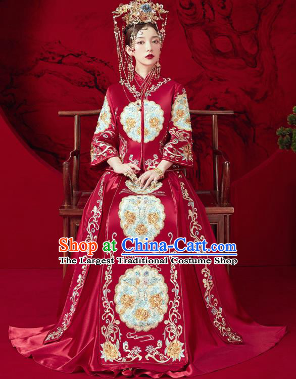 Chinese Traditional Wedding Embroidered Blouse and Dress Red Bottom Drawer Xiu He Suit Ancient Bride Costumes for Women