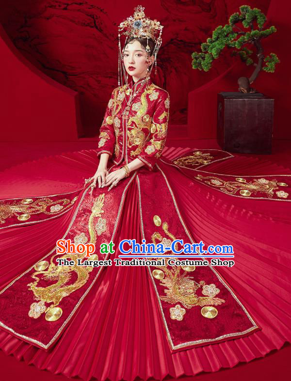 Chinese Traditional Wedding Embroidered Dragon Phoenix Blouse and Dress Red Bottom Drawer Xiu He Suit Ancient Bride Costumes for Women