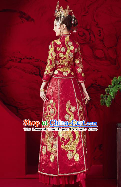 Chinese Traditional Wedding Embroidered Dragon Phoenix Blouse and Dress Red Bottom Drawer Xiu He Suit Ancient Bride Costumes for Women