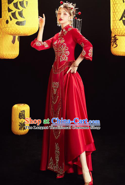 Chinese Traditional Wedding Embroidered Drilling Blouse and Dress Red Bottom Drawer Xiu He Suit Ancient Bride Costumes for Women