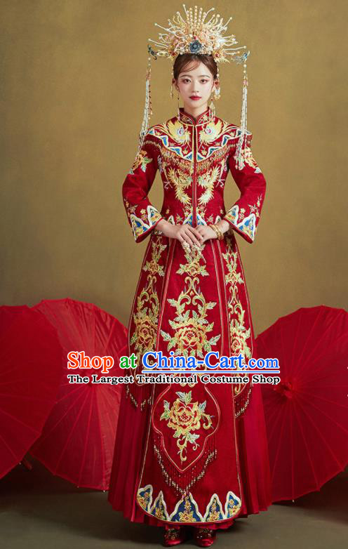 Chinese Traditional Wedding Red Xiu He Suit Embroidered Peony Blouse and Dress Ancient Bride Costumes for Women