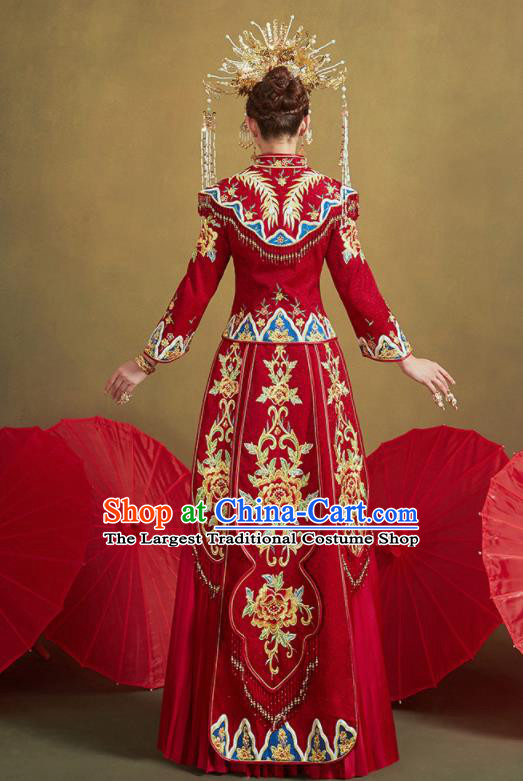 Chinese Traditional Wedding Red Xiu He Suit Embroidered Peony Blouse and Dress Ancient Bride Costumes for Women