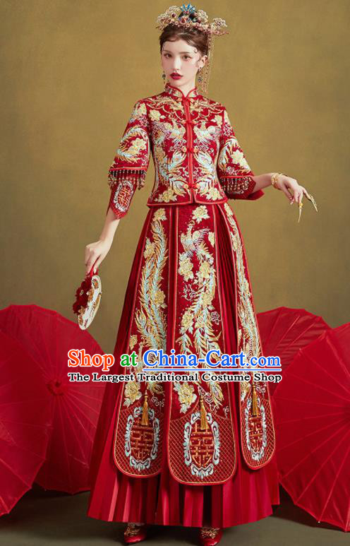 Chinese Traditional Wedding Red Xiu He Suit Embroidered Phoenix Blouse and Dress Ancient Bride Costumes for Women