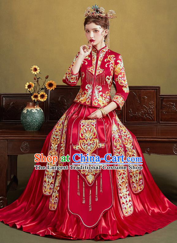 Chinese Traditional Wedding Red Slim Xiu He Suit Embroidered Blouse and Dress Ancient Bride Costumes for Women