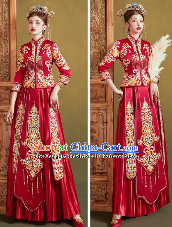 Chinese Traditional Wedding Red Slim Xiu He Suit Embroidered Blouse and Dress Ancient Bride Costumes for Women