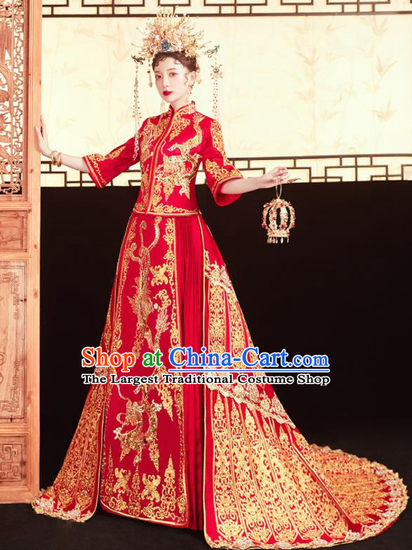 Chinese Traditional Wedding Red Xiu He Suit Embroidered Dragon Phoenix Blouse and Dress Ancient Bride Costumes for Women