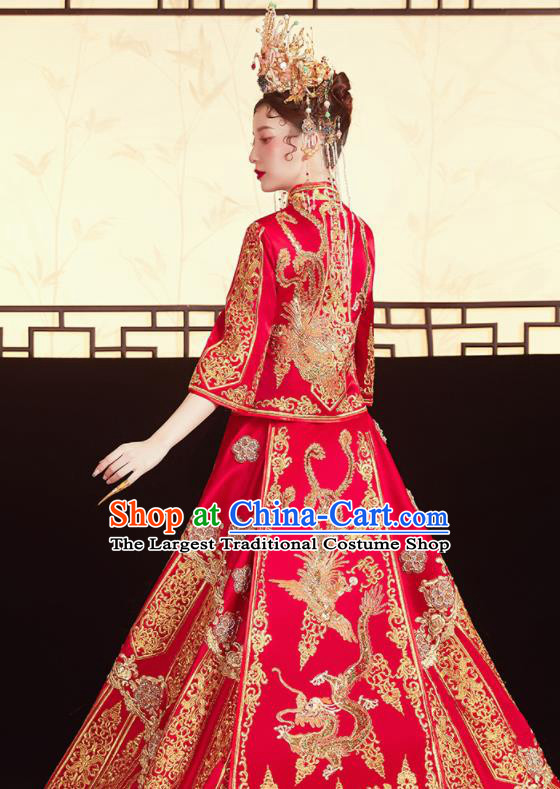 Chinese Traditional Wedding Red Xiu He Suit Embroidered Dragon Phoenix Blouse and Dress Ancient Bride Costumes for Women