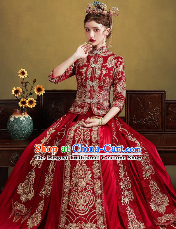 Chinese Traditional Wedding Drilling Embroidered Blouse and Dress Red Bottom Drawer Xiu He Suit Ancient Bride Costumes for Women