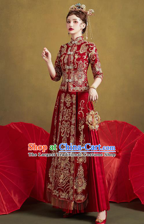 Chinese Traditional Wedding Drilling Embroidered Blouse and Dress Red Bottom Drawer Xiu He Suit Ancient Bride Costumes for Women