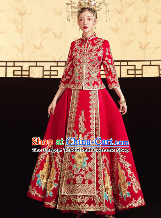 Chinese Traditional Red Bottom Drawer Wedding Embroidered Blouse and Dress Xiu He Suit Ancient Bride Costumes for Women