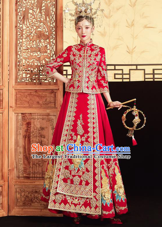 Chinese Traditional Red Bottom Drawer Wedding Embroidered Blouse and Dress Xiu He Suit Ancient Bride Costumes for Women