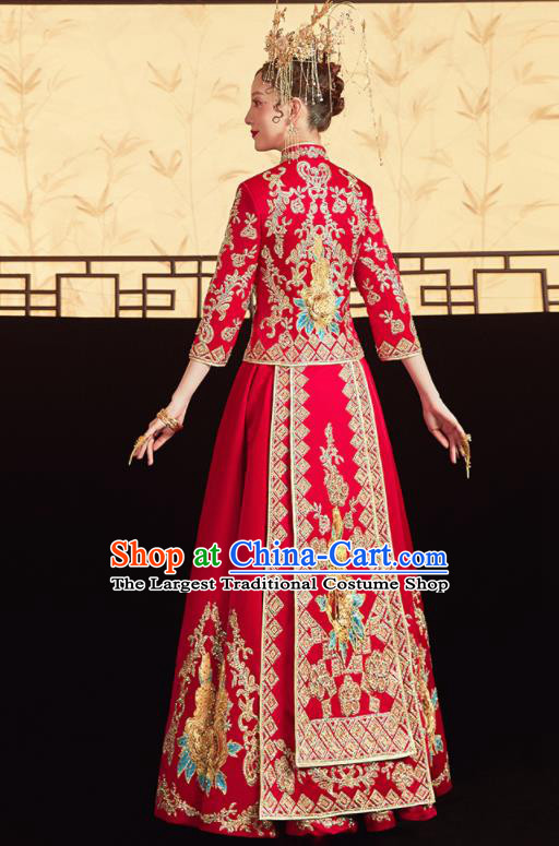 Chinese Traditional Red Bottom Drawer Wedding Embroidered Blouse and Dress Xiu He Suit Ancient Bride Costumes for Women