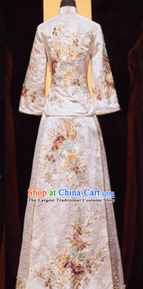 Chinese Traditional Wedding Embroidered Champagne Blouse and Dress Xiu He Suit Bottom Drawer Ancient Bride Costumes for Women