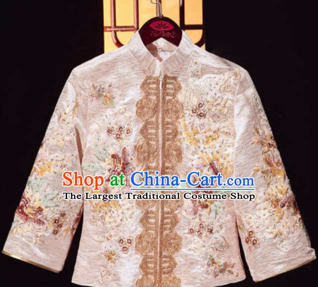 Chinese Traditional Wedding Embroidered Champagne Blouse and Dress Xiu He Suit Bottom Drawer Ancient Bride Costumes for Women