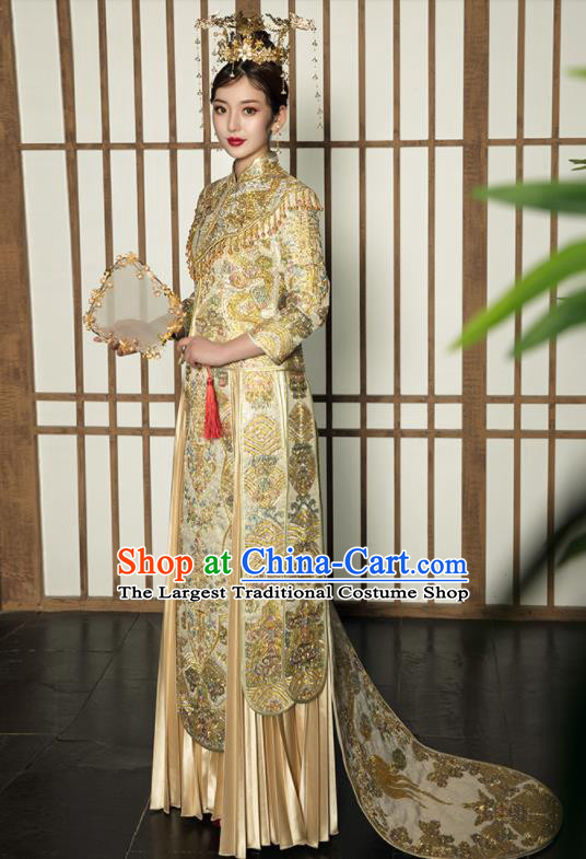 Chinese Traditional Wedding Embroidered Dragon Golden Blouse and Dress Xiu He Suit Bottom Drawer Ancient Bride Costumes for Women