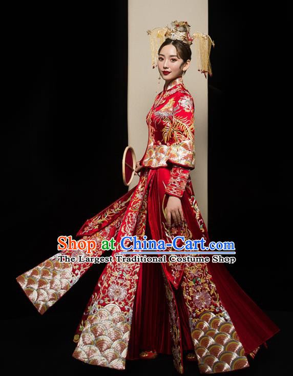 Chinese Traditional Wedding Embroidered Flowers Red Blouse and Dress Xiu He Suit Bottom Drawer Ancient Bride Costumes for Women