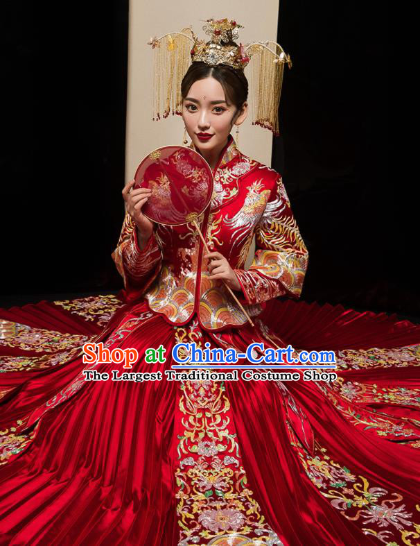 Chinese Traditional Wedding Embroidered Flowers Red Blouse and Dress Xiu He Suit Bottom Drawer Ancient Bride Costumes for Women