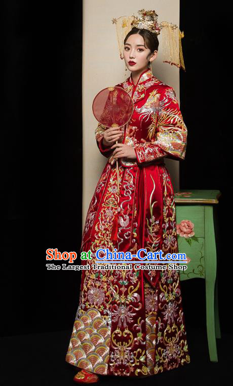 Chinese Traditional Wedding Embroidered Flowers Red Blouse and Dress Xiu He Suit Bottom Drawer Ancient Bride Costumes for Women