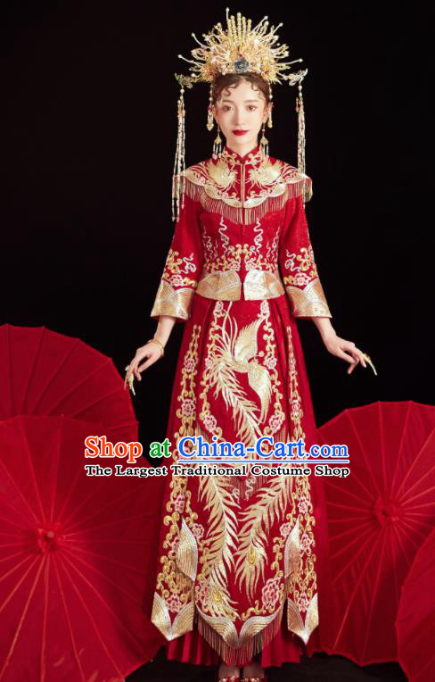 Chinese Traditional Wedding Embroidered Phoenix Red Blouse and Dress Xiu He Suit Bottom Drawer Ancient Bride Costumes for Women