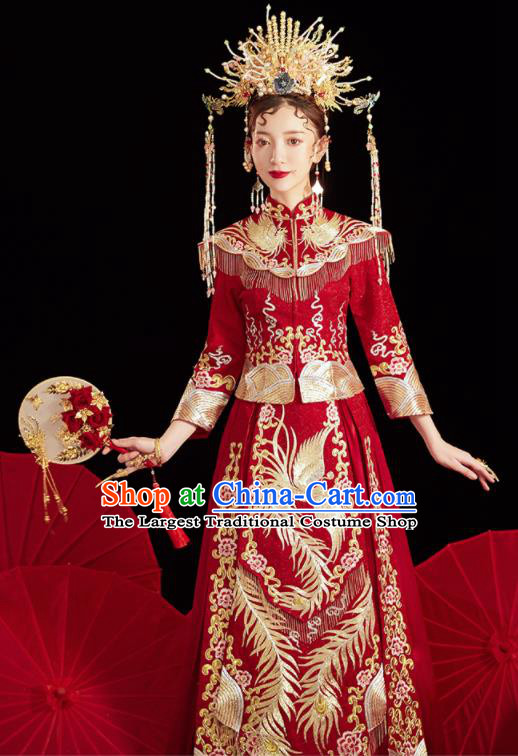 Chinese Traditional Wedding Embroidered Phoenix Red Blouse and Dress Xiu He Suit Bottom Drawer Ancient Bride Costumes for Women