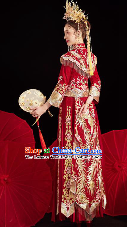 Chinese Traditional Wedding Embroidered Phoenix Red Blouse and Dress Xiu He Suit Bottom Drawer Ancient Bride Costumes for Women