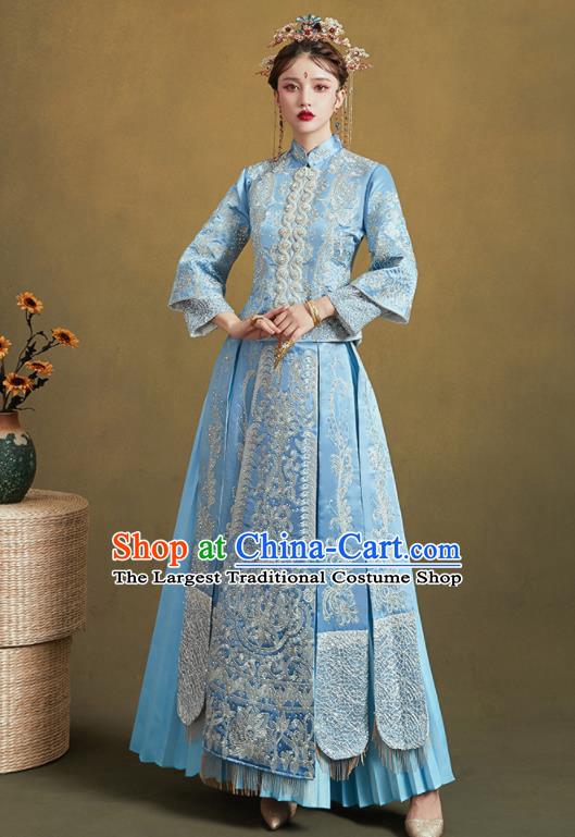 Chinese Traditional Embroidered Blue Bottom Drawer Wedding Blouse and Dress Xiu He Suit Ancient Bride Costumes for Women