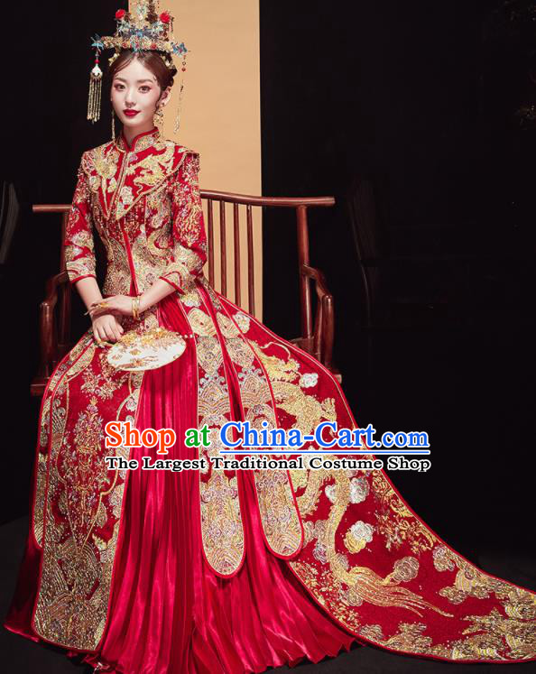 Chinese Traditional Wedding Embroidered Dragon Red Blouse and Dress Xiu He Suit Bottom Drawer Ancient Bride Costumes for Women