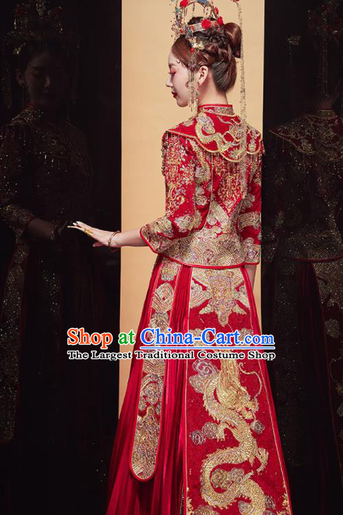 Chinese Traditional Wedding Embroidered Dragon Red Blouse and Dress Xiu He Suit Bottom Drawer Ancient Bride Costumes for Women