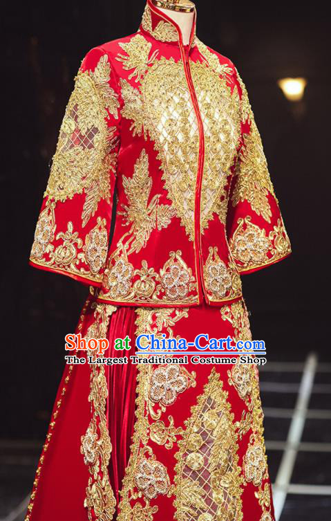 Chinese Traditional Wedding Embroidered Red Blouse and Dress Xiu He Suit Bottom Drawer Ancient Bride Costumes for Women