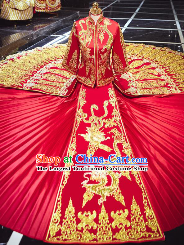 Chinese Traditional Wedding Embroidered Dragon Phoenix Red Blouse and Dress Xiu He Suit Bottom Drawer Ancient Bride Costumes for Women
