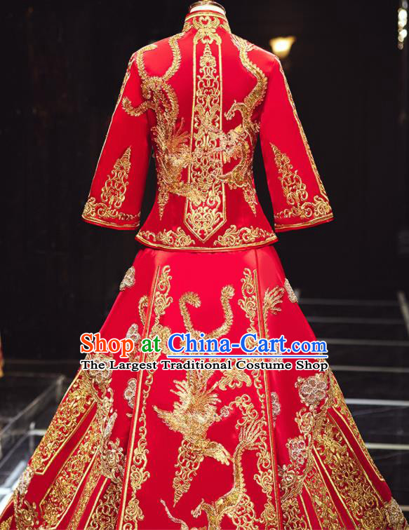 Chinese Traditional Wedding Embroidered Dragon Phoenix Red Blouse and Dress Xiu He Suit Bottom Drawer Ancient Bride Costumes for Women