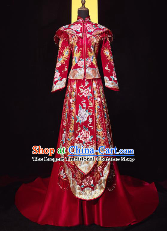 Chinese Traditional Wedding Embroidered Peony Blouse and Dress Xiu He Suit Red Bottom Drawer Ancient Bride Costumes for Women
