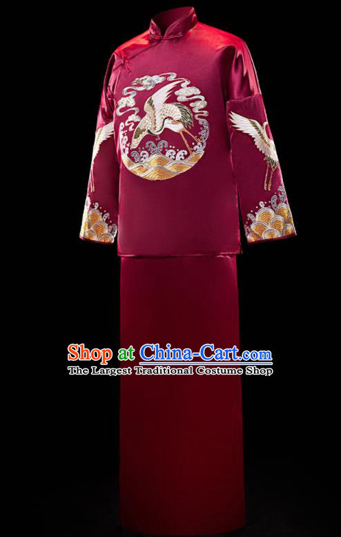 Chinese Ancient Bridegroom Embroidered Crane Purplish Red Mandarin Jacket and Gown Traditional Wedding Tang Suit Costumes for Men