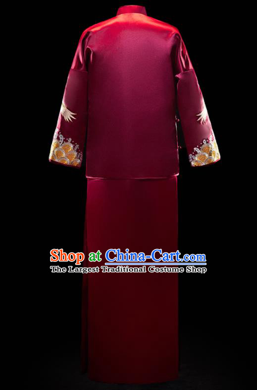 Chinese Ancient Bridegroom Embroidered Crane Purplish Red Mandarin Jacket and Gown Traditional Wedding Tang Suit Costumes for Men