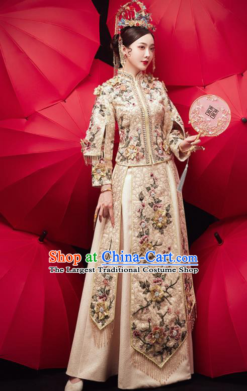 Chinese Traditional Wedding Embroidered Flowers Beige Blouse and Dress Xiu He Suit Red Bottom Drawer Ancient Bride Costumes for Women