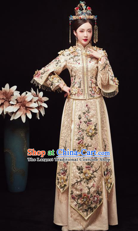 Chinese Traditional Wedding Embroidered Flowers Beige Blouse and Dress Xiu He Suit Red Bottom Drawer Ancient Bride Costumes for Women