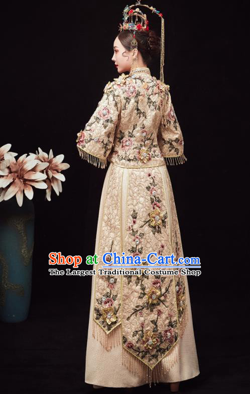 Chinese Traditional Wedding Embroidered Flowers Beige Blouse and Dress Xiu He Suit Red Bottom Drawer Ancient Bride Costumes for Women