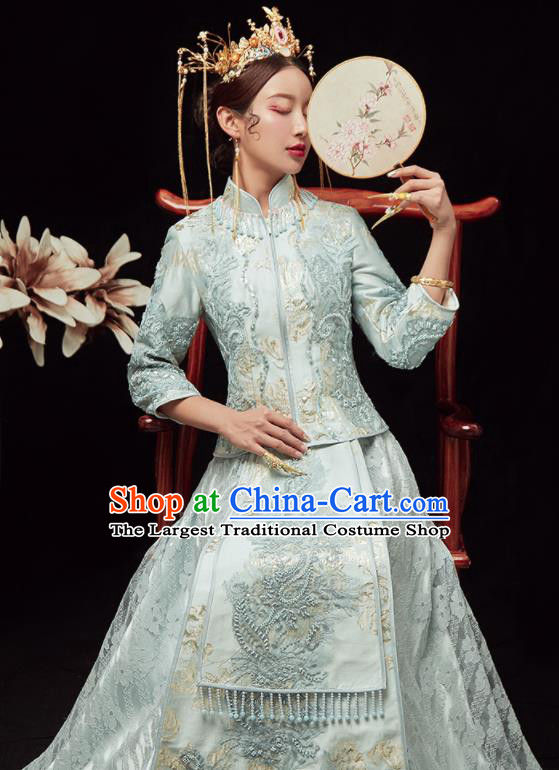 Chinese Traditional Wedding Embroidered Light Blue Blouse and Dress Xiu He Suit Red Bottom Drawer Ancient Bride Costumes for Women