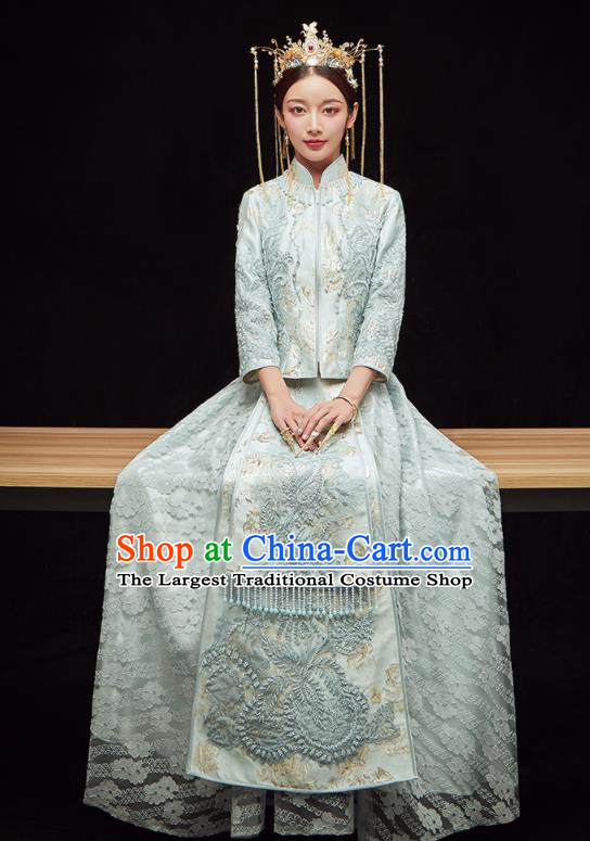 Chinese Traditional Wedding Embroidered Light Blue Blouse and Dress Xiu He Suit Red Bottom Drawer Ancient Bride Costumes for Women