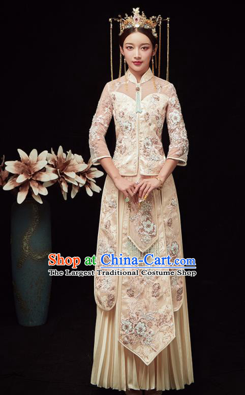Chinese Traditional Wedding Embroidered White Blouse and Dress Xiu He Suit Red Bottom Drawer Ancient Bride Costumes for Women